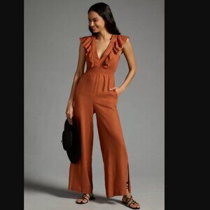 Anthropologie Copper V-Neck Ruffle Jumpsuit Sz L NWOT